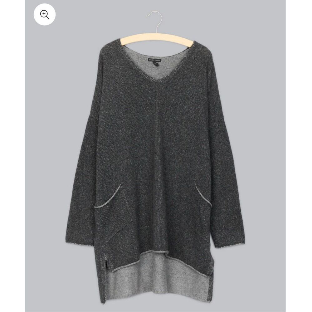 Eileen Fisher 100% Cashmere Tunic Sweater Gray V-Neck Pocket Size L